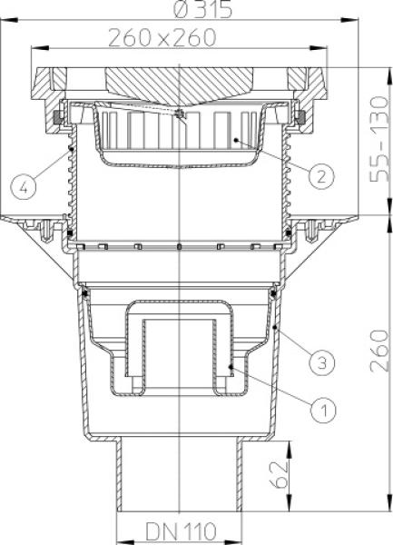 Perfektablauf DN160 senkrecht mit Dichtflansch und Wassergeruchsverschluss, 240x240mm / Gussrost 226x226mm  HL616.1W/5